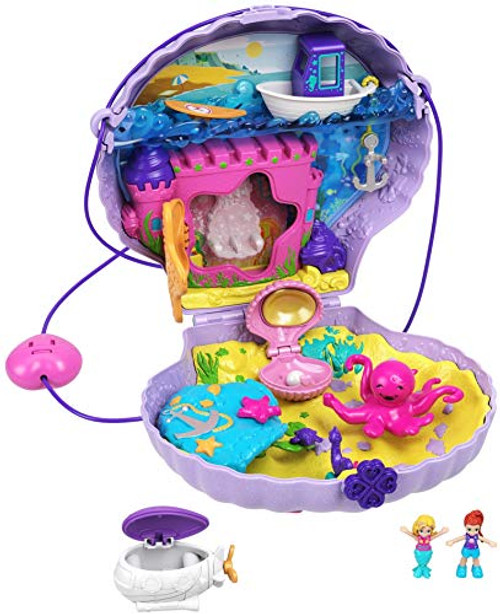 Polly Pocket Tiny Power Seashell Purse Compact with Wearable Strap, Fun Under-The-Sea Features, Micro Polly and Lila Mermaid Dolls, 2 Accessories & St
