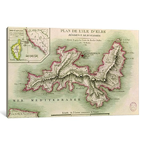 iCanvasART 1-Piece Map of The Island of Elba, Engraved by Jean-Baptiste Tardieu Canvas Print by Baron Louis Albert Bacler d'Albe, 12" x 8"/0.75" Deep