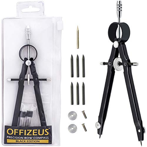 Professional Bow Compass for Geometry, Math, Drawing, Drafting, School, Woodworking - Precision Metal Compass with Extra Lead Refills and Carry Bag for Student - Makes Large 10" Diameter Circle
