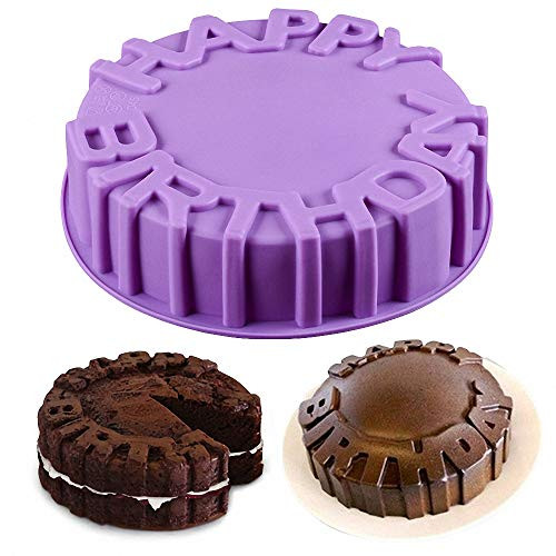 Happy Birthday Silicone Cake Pan, 7.9" Birthday Round Circle Baking Mold Cheese Cake Jelly Pudding Muffin Pizza Pie Flan Tart Bread Bakeware Pastry Ba