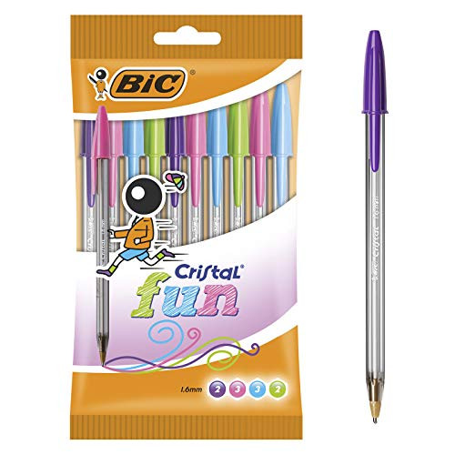 BIC Cristal Fun Ballpoint Pens Wide Point (1.6 mm)  Assorted Colours, Pouch of 10