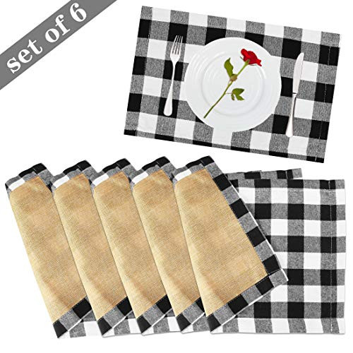WONGYEE Buffalo Plaid Placemat, Set of 6 Buffalo Check Placemats, 100% Cotton Kitchen Table Mats Non-Slip Placemats for Dining Table, 18x 12 Inch, Bla