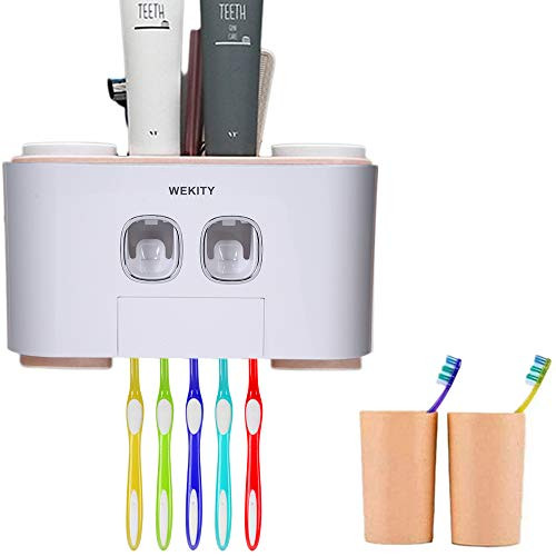 Wekity Toothbrush Holder Multifunctional Wall-Mounted Space-Saving Toothbrush and Toothpaste Squeezer Kit with Dustproof Cover, 5 Toothbrush Slots, 2