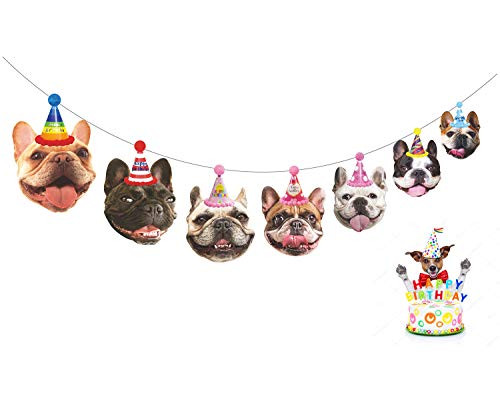 Gyzone Dogs Birthday Garland, Funny French Bulldog Face Portrait Birthday Banner, Bday Bunting Decorations