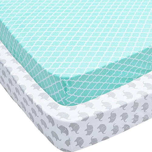 Jomolly Crib Sheets, 2 Pack Mint Quatrefoil & Elephants Fitted Soft Jersey Cotton Cover
