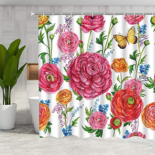 DMTTY Spring Floral Shower Curtain Colorful Watercolor Flower Butterfly Bathroom Curtain 72x72 Inches Fabric Bathroom Accessories Polyester with Hooks