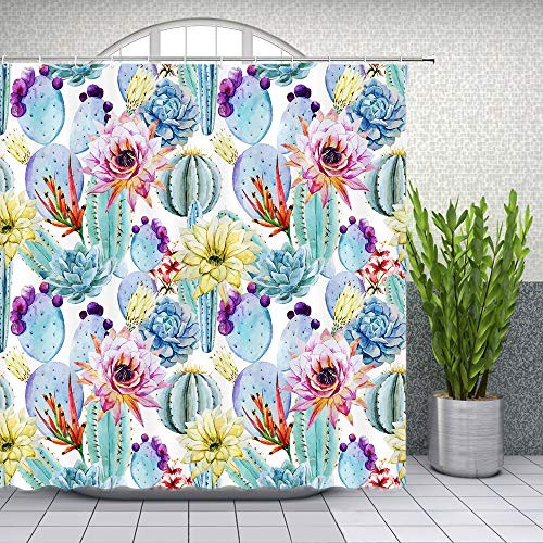 Lileihao Cactus Flower Shower Curtain Bathroom Decor Watercolor Plant Floral Bath Room Supplies Shower Curtains Sets Waterproof Polyester Fabric 69 x