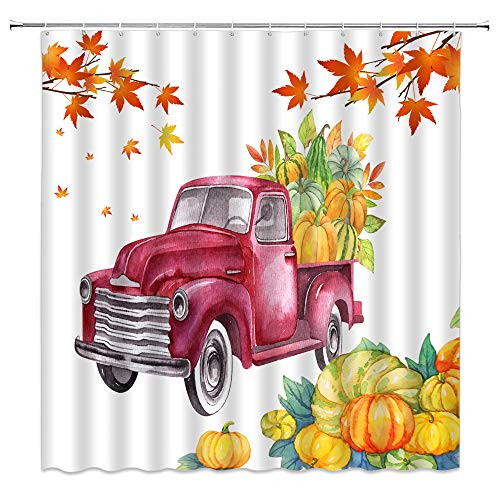 Lileihao Watercolor Red Car Shower Curtains Farm Truck Pumpkin Maple Leaf Autumn Scenery Pattern Print Bathroom Decor Polyester Fabric Home Bath Cloth