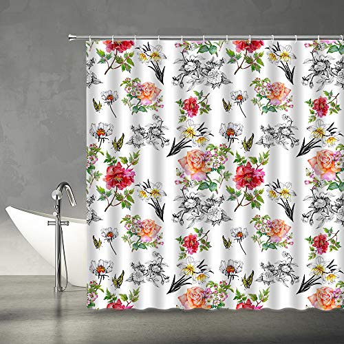 AMFD Floral Shower Curtain Vintage Watercolor Pink Rose Peony White Daisy Gray Flower Butterfly Rustic Plant Spring Scenery Art Print Fabric Bathroom