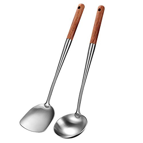 Wok spatula and ladle Tool Set, 17inches spatula for wok, 304 Stainless Steel wok spatula.