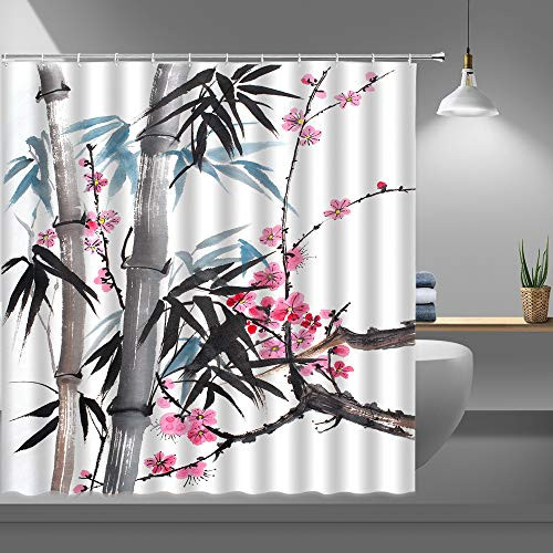 RAYLONZE Floral Shower Curtains for Bathroom,Watercolor Spring Bamboo and Cherry Flower Fabric Shower Curtain with Plastic Hooks,69x70 Inch Black Pink