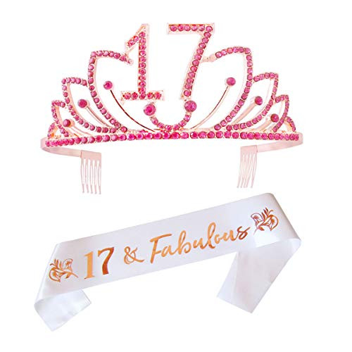 17th Birthday Tiara and Sash,17th Birthday Gifts for Women,Happy 17th Birthday Party Supplies,17th Birthday Crown and Sash?17th Cake Topper