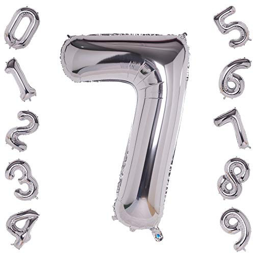 Silver Number 7 Balloons,40 Inch Birthday Number Balloon Party Decorations Supplies Helium Foil Mylar Digital Balloons (Silver Number 7)