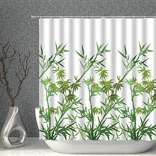 AMNYSF Green Leaf Decor Shower Curtain Watercolor Spring Bamboo Leaves Abstract Plant Floral Fabric Polyester Bathroom Curtains with Hooks 70x70 Inch