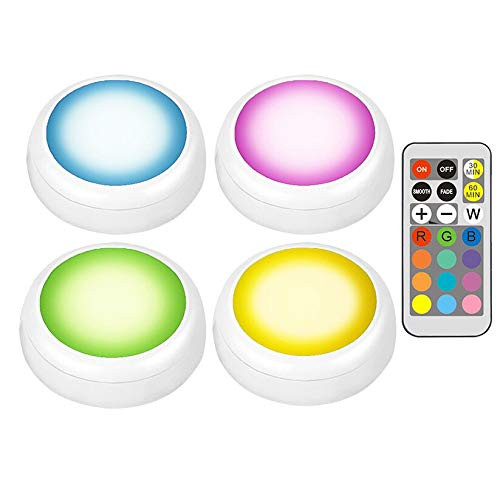 Battery Powered LED Large RGB Color Cabinet Light Puck Lights Dimmable Under Shelf Kitchen Counter Lighting with Remote Control (4 Pack)