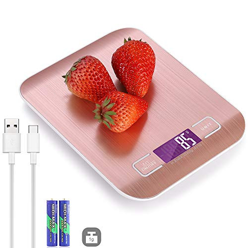 Digital Food Scale Rechargeable, 10KG Stainless Steel Kitchen Scale for Food with Back-Lit LCD, High Precision with 0.04oz/1g Division (10KG/1g -Rose