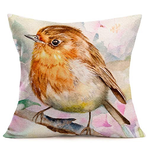 Tlovudori Watercolor Throw Pillow Cover Vintage Lovely Robin Sitting on Tree Branch Green Leaves Bird Spring Summer Nature Decor Pillow Case for Home
