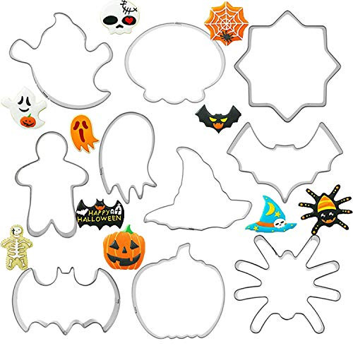 10 Piece Halloween Cookie Cutter Set Pumpkin, Ghost, Skull, Pumpkin,Witch Hat, spider?spider web?Bat and Biscuit Fondant Cutters - Stainless Steel