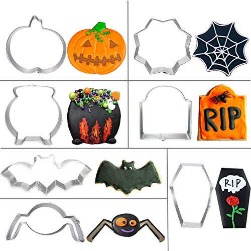 7 PCS Halloween Cookie Cutters Set - Baking,Cauldron Bat Pumpkin Web Coffin Tombstone Spider Stainless Steel Biscuit Molds Set
