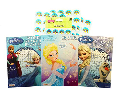 A Bundle of One Disney Frozen Gigantic Coloring & Activity Book and 2 Frozen Word Search Puzzle Books with Rainbow Stickers ! s