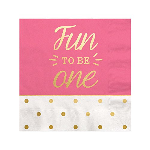 Fun to be One - 1st Birthday Girl with Gold Foil - Cocktail Beverage Napkins (16 Count)