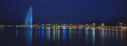 Posterazzi Buildings lit up at night Jet D'eau Lake Geneva Lausanne Switzerland Poster Print, (18 x 7)