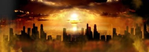 Posterazzi Nuclear blast behind city Poster Print, (18 x 7)