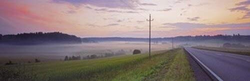 Posterazzi Country Road and Telephone Lines Splitting farmlands at Dawn Finland Poster Print, (18 x 6), Varies