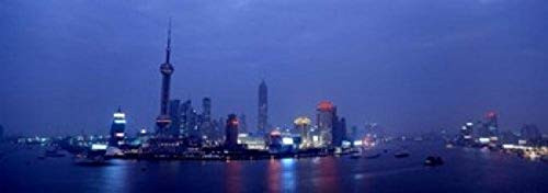 Buildings lit up at dusk Shanghai China Poster Print (18 x 7)