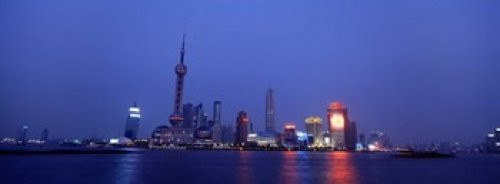 Buildings at the waterfront lit up at dusk Pudong Shanghai China Poster Print (18 x 7)