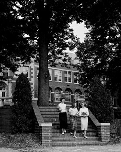 Three female students walking down steps and talking Poster Print (18 x 24)