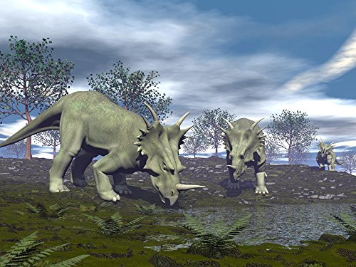 Posterazzi Three Styracosaurus dinosaurs drinking from a near Poster Print by lake, (16 x 12)