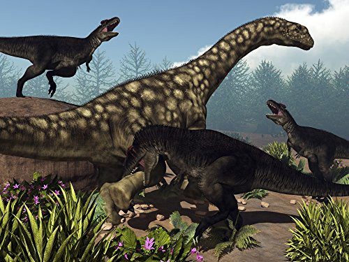 Posterazzi Three Tyrannotitans attacking an Argentinosaurus dinosaur Poster Print, (16 x 12)