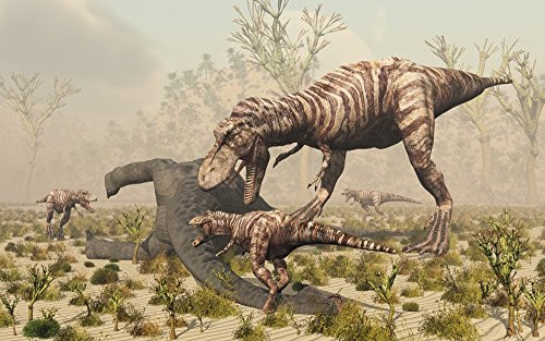 Posterazzi An adult female T. Rex with three of her young feeding on the carcass of a dead sauropod dinosaur. Poster Print, (17 x 11)