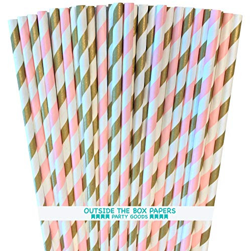 Stripe Paper Straws - Pink Gold White - 7.75 Inches - 50 Pack - Outside the Box Papers Brand