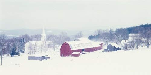 Posterazzi Snow covered barn and a church in a town Peacham Caledonia County Vermont USA Poster Print, (6 x 12)