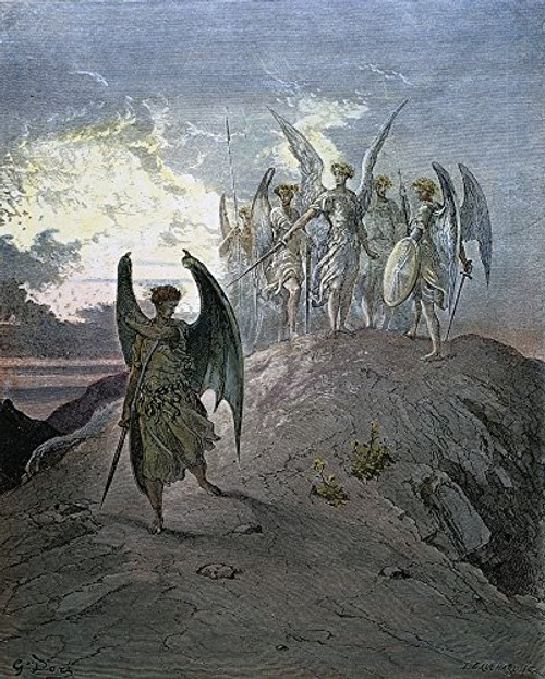Milton Paradise Lost Nthe Archangel Michael Expelling Satan From Heaven (Book I Of John MiltonS Paradise Lost) Wood Engraving After Gustave Dor Poster