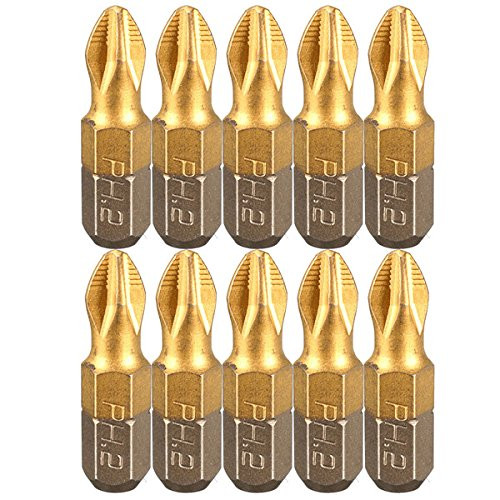 Toolcool 10pcs S2 Titanium Coated 1/4 Inch Hex Shank 25mm Magnetic PH2 Phillips Cross Head Screwdriver Bit Set