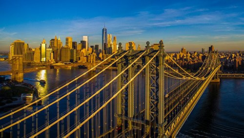 Posterazzi Poster Print Collection Manhattan Bridge At Sunrise City New York State USA Panoramic Images, (12 x 7), Multicolored