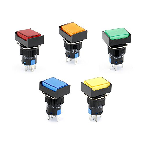 Baomain 16mm Push Button Switch Momentary Rectangular Cap LED Lamp Red Yellow Orange Blue Green Light DC 12V SPDT 5 Pin 5 Pack