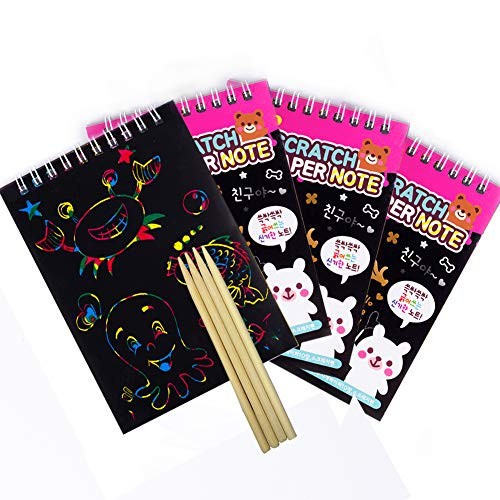 Miracliy Rainbow Scratch Art Notebooks for Children with Colorful Mini Notebooks and Wooden Styluses, 4 Pack