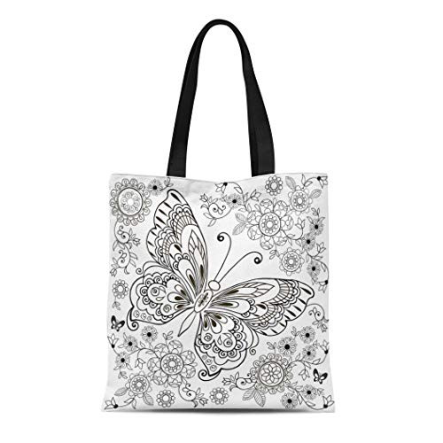 Semtomn Cotton Canvas Tote Bag Adult Butterfly Floral for Anti Stresa Coloring Book Page Reusable Shoulder Grocery Shopping Bags Handbag Printed