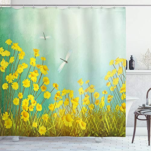 Ambesonne Dragonfly Shower Curtain, Flourishing Landscape with Daisies on Grass and Dragonflies in The Air, Cloth Fabric Bathroom Decor Set with Hooks