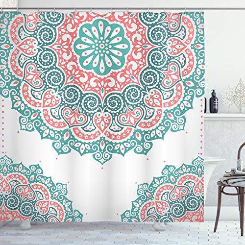 Ambesonne Oriental Shower Curtain, Soft Colored Mandala South Culture Inspired Floral Image, Cloth Fabric Bathroom Decor Set with Hooks, 70" Long, Tur