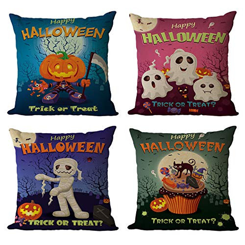 YeeJu Set of 4 Halloween Decorative Throw Pillow Covers Square Cotton Linen Cushion Covers Outdoor Couch Sofa Home Pillow Cases 18x18 Inch YeeJu Set of 4 Halloween Decorative Throw Pillow Covers Square Cotton Linen Cushion Covers Outdoor Couch Sofa Home Pillow Cases 18x18 Inch