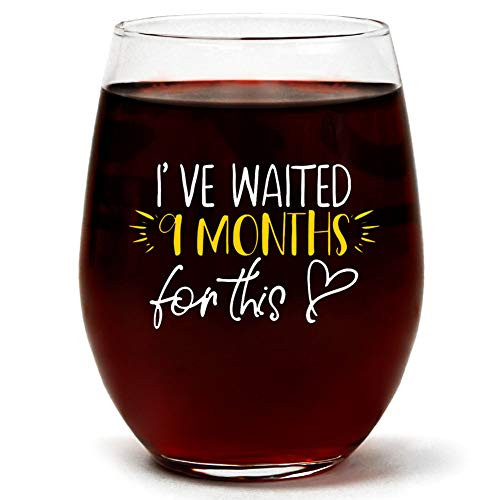 "I've Waited 9 Months For This" New Mom Gifts | Funny Cute Wine Glass | Stemless 15oz | Gift Box | Best Gift for Mothers Day, Mom Birthday, New Mommy
