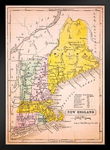 New England States 1852 Vintage Antique Style Map Black Wood Framed Art Poster 14x20