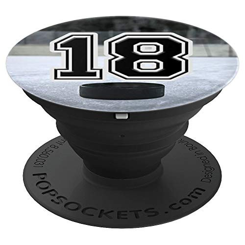 Ice Hockey Custom Jersey Number 18 eighteen Puck on Rink PopSockets Grip and Stand for Phones and Tablets