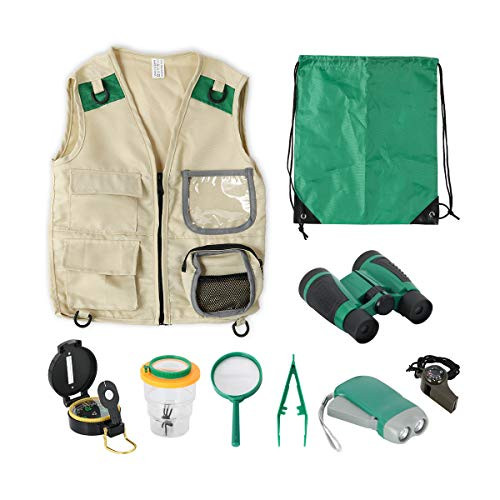 Ollieroo Kids Explorer Kit Outdoor Adventure Pack of 9 Exploration Set with Costume Vest Binoculars Flashlight Magnifying Glass Compass Whistle Bug Ca Ollieroo Kids Explorer Kit Outdoor Adventure Pack of 9 Exploration Set with Costume Vest Binoculars Flashlight Magnifying Glass Compass Whistle Bug Ca