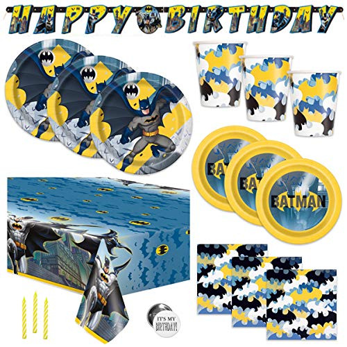 Batman Theme Birthday Party Supplies Set - Serves 16 Guests - Banner Decoration, Tablecover, Plates, Cups, Napkins, Candles, Button